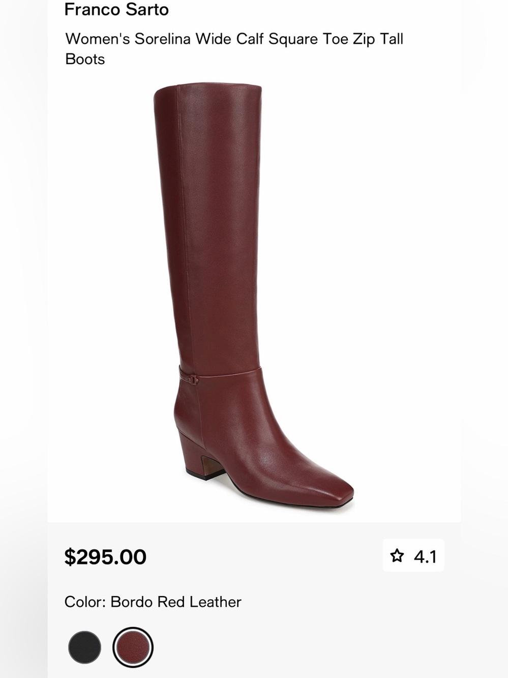 Franco Sarto Sorelina Wide Calf Square Toe Zip Tall Boots- Bordo Red Leather